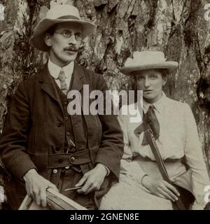 Antique photograph, taken in the early 1900s in England, UK.  Two professional artists, May Chatteris Winder, née Fisher (1874 - 1910), and her husband, landscape painter William Smallwood Winder (1869 - 1910), both founder members of the Lake Artists Society in the English Lake District in 1904.  Unusually for the time, May was a professional working woman who continued with her career after marriage. Stock Photo