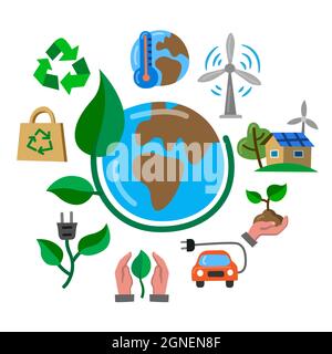 Concept Eco flat color Icon. Contains such Icons as Electric Car, Global Warming, Forest, Organic Farming and more. Stock Vector