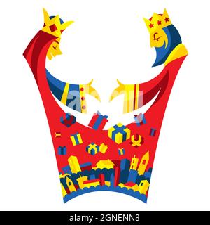 Cartoon illustration: queen and king dropping gifts to the town; isolated on white background Stock Vector