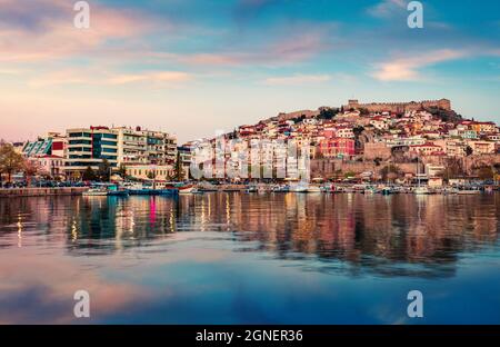 Captivating spring seascape on Aegean Sea. Coloful evening view of Kavala city, the principal seaport of eastern Macedonia and the capital of Kavala r Stock Photo