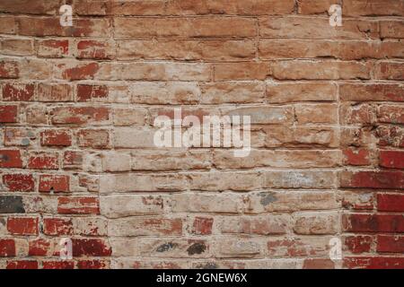 The texture of an old brick wall with natural defects. Scratches, cracks, crevices, chips, dust, roughness, abrasion. Template for design and Stock Photo