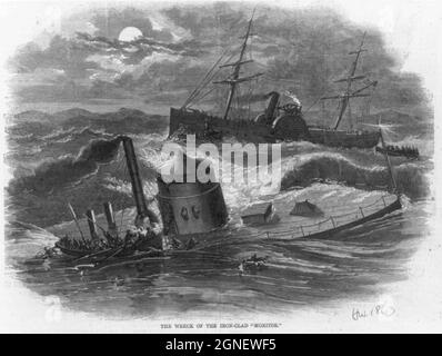 Vintage illustration circa 1863 of the sinking of the Union navy iron clad Monitor on the night  31 December 1862 during a storm off Cape Hatteras, North Carolina