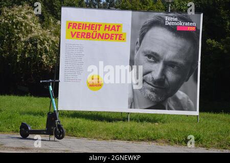 Campaign banner of Christian Lindner (Free Democratic Party) at Prellerweg in Schoeneberg, Berlin, Germany - September 8, 2021.