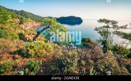 Exciting Mediterranean seascape in Turkey, Asia. Bright spring view of a small azure bay near the Tekirova village, District of Kemer, Antalya Provinc Stock Photo