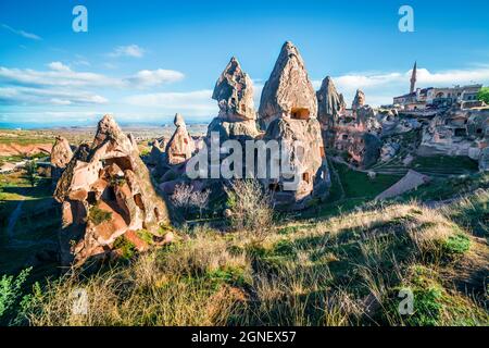 Unreal world of Cappadocia. Deep blue sky over Uchisar Castle. Bright morning scene of famous Uchisar village, district of Nevsehir Province in the Ce Stock Photo