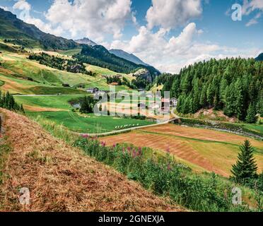 Colorful rural landscape in the Swiss Alps. Beautiful summer view of Switzerland, Europe. Beauty of nature concept background. Artistic style post pro Stock Photo