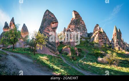 Great world of Cappadocia. Deep blue sky over Uchisar Castle. Bright morning scene of famous Uchisar village, district of Nevsehir Province in the Cen Stock Photo