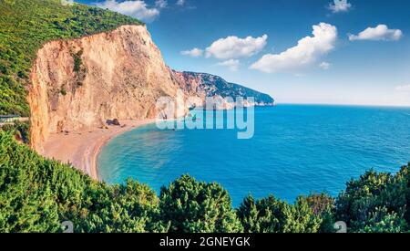 Aerial spring view of Porto Katsiki Beach. Splendid morning seascape of Ionian sea. Stunning outdoor scene of Lefkada Island, Greece, Europe. Beauty o Stock Photo