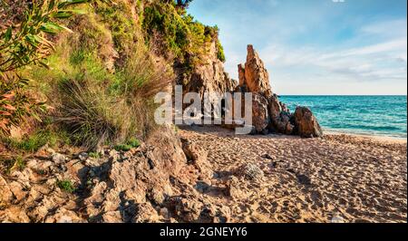 Wonderful morning view of Platis Gialos Beach. Picturesque spring seascape of Ionian Sea. Marvelous outdoor scene of Kefalonia island, Argostolion tow Stock Photo