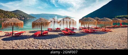 Panoramic morning view of Antisamos Beach. Sunny spring seascape of Ionian Sea. Splendid outdoor scene of Kefalonia island, Sami town location, Greece Stock Photo