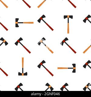 Illustration on theme pattern steel axes with wooden handle, metal ax for hunting. Big kit ax consisting of many identical axes on white background. F Stock Vector