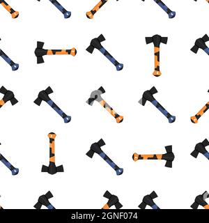 Illustration on theme pattern steel axes with wooden handle, metal ax for hunting. Big kit ax consisting of many identical axes on white background. F Stock Vector