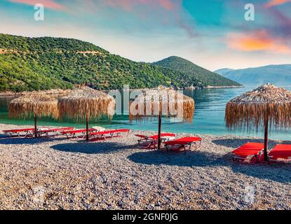 Sunny morning view of Antisamos Beach. Wonderful spring seascape of Ionian Sea. Splendid outdoor scene of Kefalonia island, Sami town location, Greece Stock Photo