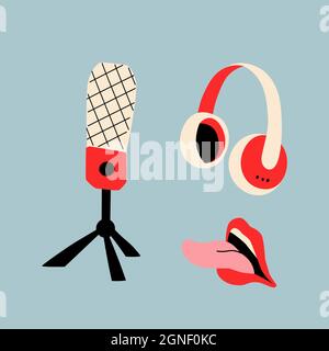 Vector elements for podcast, broadcast or radio design. Studio microphone on a stand, wireless headphones and an open mouth with a tongue sticking out Stock Vector
