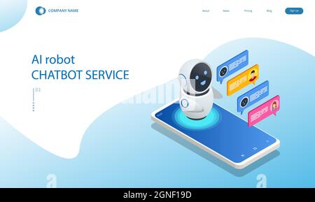 Isometric artificial intelligence. Chat bot and future marketing. AI and business IOT concept. Chatting with chatbot application. Dialog help service. Stock Vector