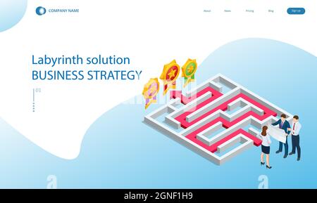 Isometric maze, labyrinth solution. Business team looking for solution in a maze. The path to the goal or success, teamwork and business strategy Stock Vector