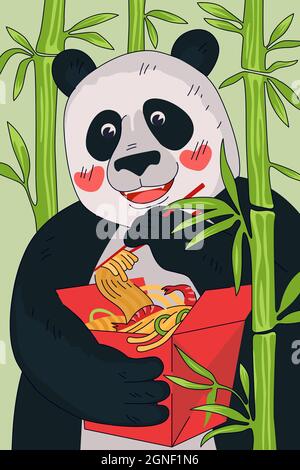 Chinese cuisine noodle box poster concept. China panda eat with chopsticks national meal wok in red paper package on bamboo thickets. Asian food eps placard for oriental cafe or restaurant advertising Stock Vector