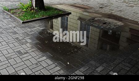 The water that has formed a pond after the rain, reflects a yellow stone house, confusing the stone of the house with the street tile, Riga, Latvia Stock Photo