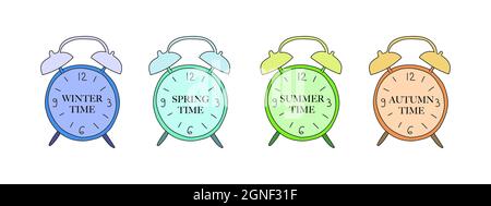 Vector illustration of colored alarm clocks for the seasons. Concept symbol design. Stock Vector