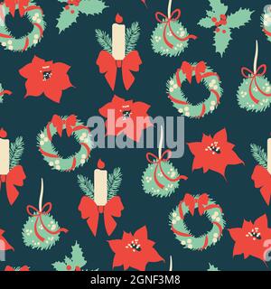 Vector seamless pattern christmas background. Poinsettia plants and flowers, holly berries, mistletoe with a red bow, a candle with fir branches and a Stock Vector