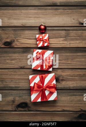 Vintage Christmas card with gift boxes. Flat lay, top view and copy space for text Stock Photo