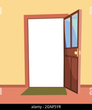 Opened door. Simple and flat style. Inside view from the room of the house. Yellow wall. Open. Cartoon cute fairy tale design. Image background Stock Vector