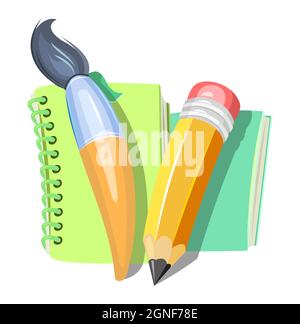 Stationery cartoon. Brushes and pencils. Funny style. Book and notebook. Isolated on white background. Symbolic object. Childrens design. Vector. Stock Vector