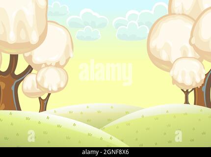 Fabulous sweet forest. Ice cream, drips of white milk cream. Clouds. Trees with chocolate trunks. Cute hilly landscape for children. Beautiful Stock Vector