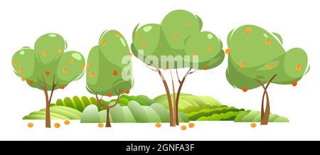 Garden and rolling hills. Rural landscape with fruit apricot trees and farmer hills. Cute funny cartoon design illustration. Flat style. Isolated on Stock Vector