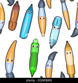 Ballpoint and gel pens. Cheerful characters with a face. Seamless pattern. Background illustration in cartoon style with paint brushes. Isolated on Stock Vector