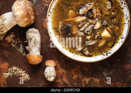 Homemade hot soup in white craft bowl with fresh wild mushrooms, potatoes, carrots and onion on brown autumn background. Boletus Edulis, chanterelles, Stock Photo