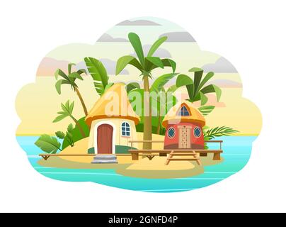 Bungalow on the island. In the blue calm sea. Summer seascape. Beach hut by the ocean. Isolated on white background. Coastal Village. Palm trees and Stock Vector