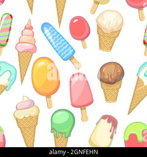 multicolored Ice cream pattern seamless. Background illustration. Wallpaper print. In waffle glasses and cones. Popsicle on sticks. Summer food sweet Stock Vector