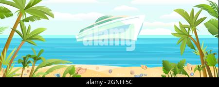 Ocean yacht. A modern multi tiered luxury vessel. Large passenger ship. Calm blue sea. Flat style. Sandy tropical beach with palms. Vector. Stock Vector