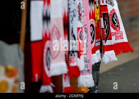 Fans scarves being sold outside Bramall Lane, Home ground of Sheffield United Stock Photo