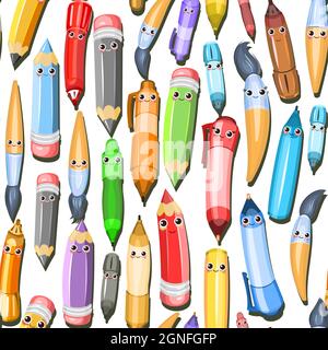 Ballpoint and gel pens. Cheerful characters with a face. Seamless pattern. Illustration in cartoon style with brushes for painting A large assortment Stock Vector