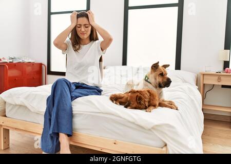 Young brunette woman sitting on the bed with two dogs suffering from headache desperate and stressed because pain and migraine. hands on head. Stock Photo