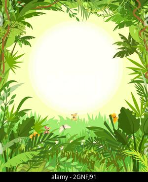 Jungle background. Plants rainforest. Sun in the morning sky. Meadow with butterflies. Beautiful green landscape with exotic trees and palms. Cute Stock Vector