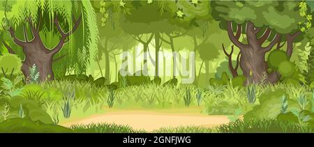 Glade in the green summer forest. Willows and oaks in the grass. Flat cartoon style. Rural landscape with dense thickets. Illustration vector Stock Vector