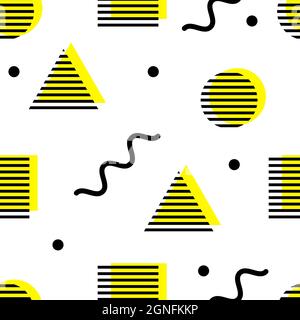 Seamless pattern in Memphis style. Fashion geometric background with triangles, circles and squares. Color summer banner. Vector illustration Stock Vector