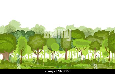 Forest seamless. Isolated illustration. Nature landscape. Cartoon flat style. Grass and bushes. Summer scene. View of the green trees. On white Stock Vector