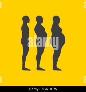 Stages of obesity of man. Silhouettes of person with different age from slim to overweight. Overweight symbol. Vector illustration Stock Vector