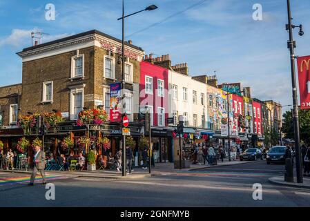 Colourful Camden High Street lined with alternative shops, Camden Town, London, England, UK Stock Photo
