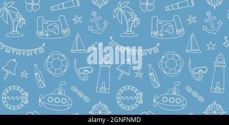 Nautical style seamless wallpaper with hand drawn elements in line art style Stock Vector