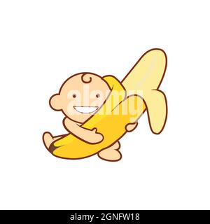 child kid and banana logo icon cartoon flat concept vector graphic design Stock Vector