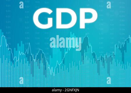 Financial term GDP - Gross domestic product on blue finance background from graphs, charts. Trend Up and Down. 3D render. Financial market concept Stock Photo