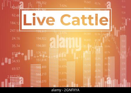 Price change on trading Live Cattle on yellow finance background from graphs, charts, columns, candles, bars. Trend Up and Down, Flat. 3D render. Fina Stock Photo