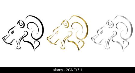 three color black gold and silver line art of bear head. Good use for symbol, mascot, icon, avatar, tattoo, T Shirt design, logo or any design. Stock Vector