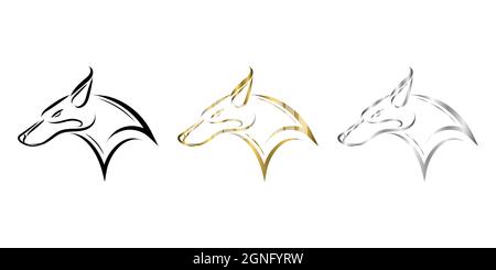 three color black gold and silver line art of fox head. Good use for symbol, mascot, icon, avatar, tattoo, T Shirt design, logo or any design. Stock Vector