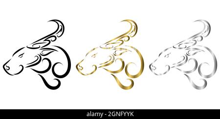 three color black gold and silver line art of buffalo head. Good use for symbol, mascot, icon, avatar, tattoo, T Shirt design, logo or any design. Stock Vector